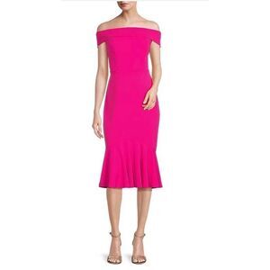 Marina Off the Shoulder Cap Sleeve Stretch Crepe Mermaid Midi Dress Fuschia‎ 6